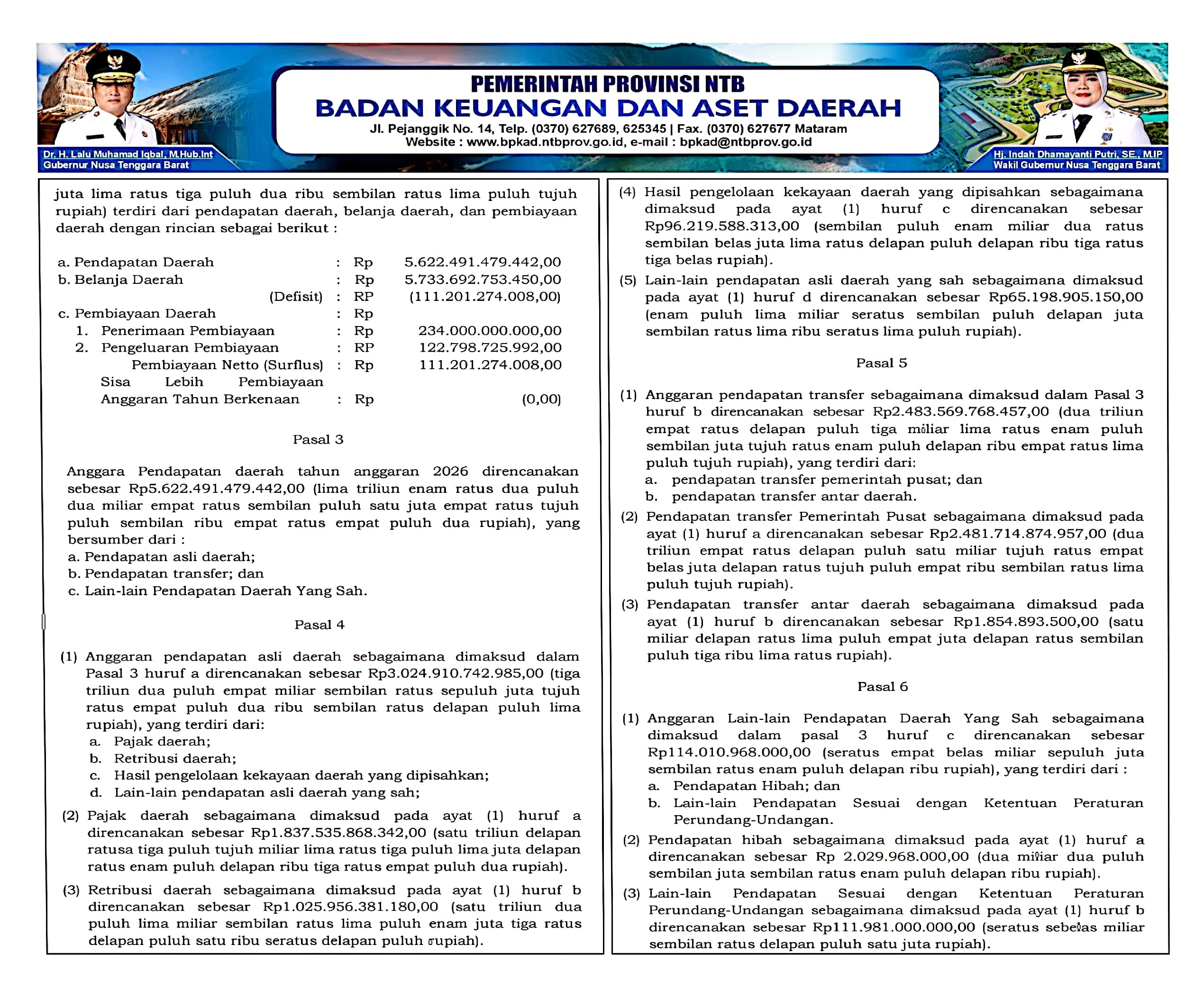 PERATURAN DAERAH PROV NTB NO. 15 TAHUN 2025 TENTANG ANGGARAN PENDAPATAN & BELANJA DAERAH TAHUN ANGGARAN 2026