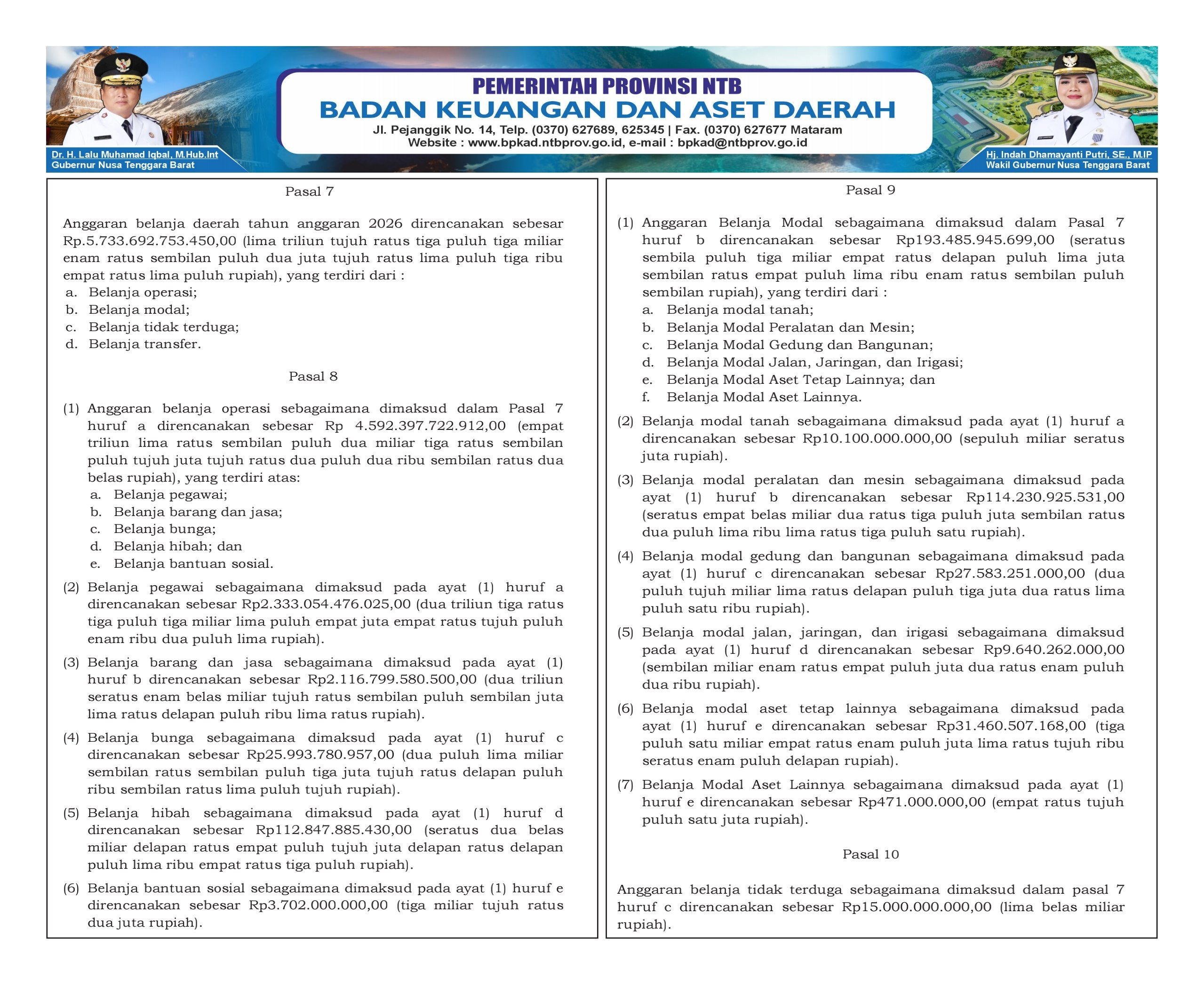 PERATURAN DAERAH PROV NTB NO. 15 TAHUN 2025 TENTANG ANGGARAN PENDAPATAN & BELANJA DAERAH TAHUN ANGGARAN 2026