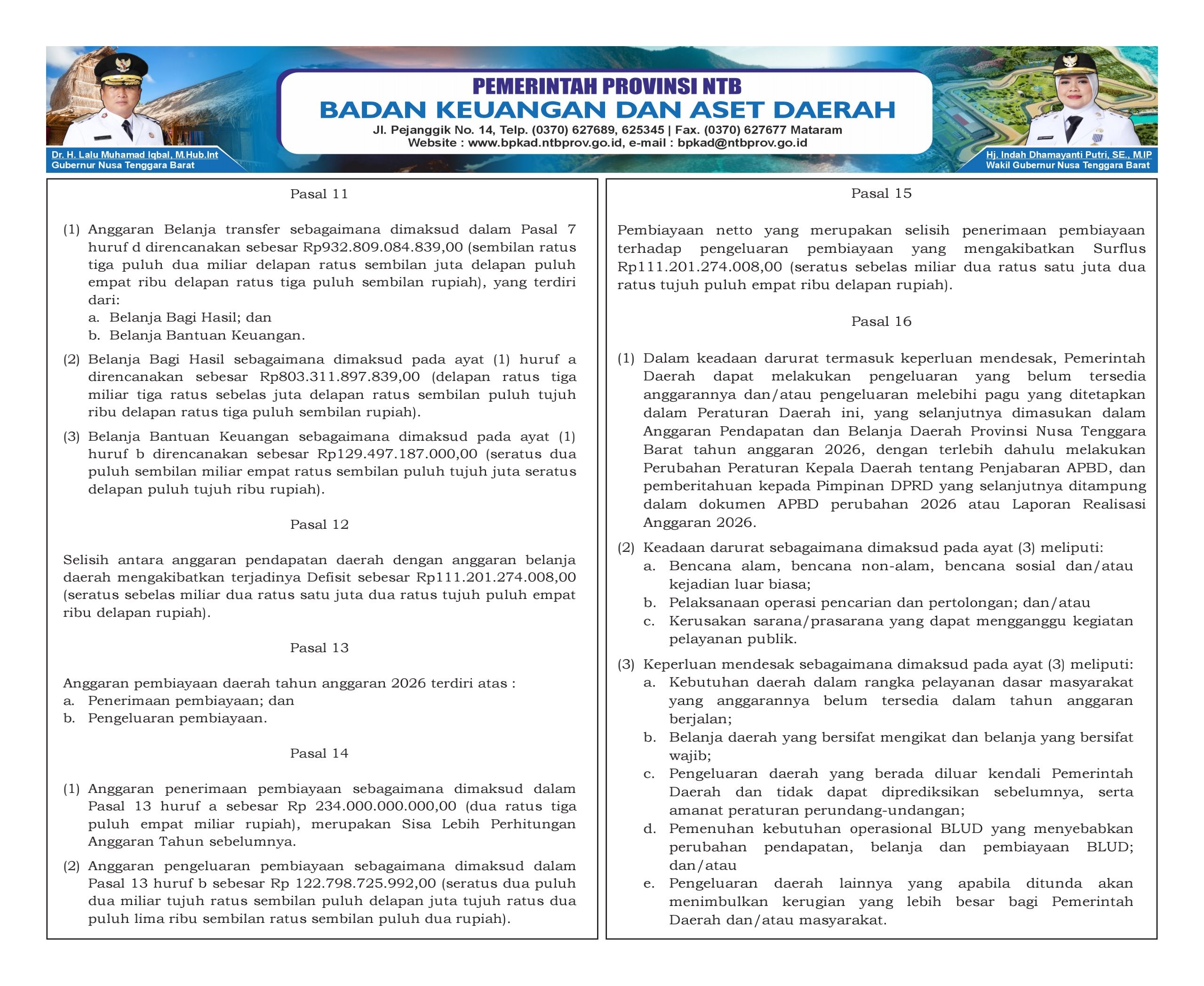 PERATURAN DAERAH PROV NTB NO. 15 TAHUN 2025 TENTANG ANGGARAN PENDAPATAN & BELANJA DAERAH TAHUN ANGGARAN 2026