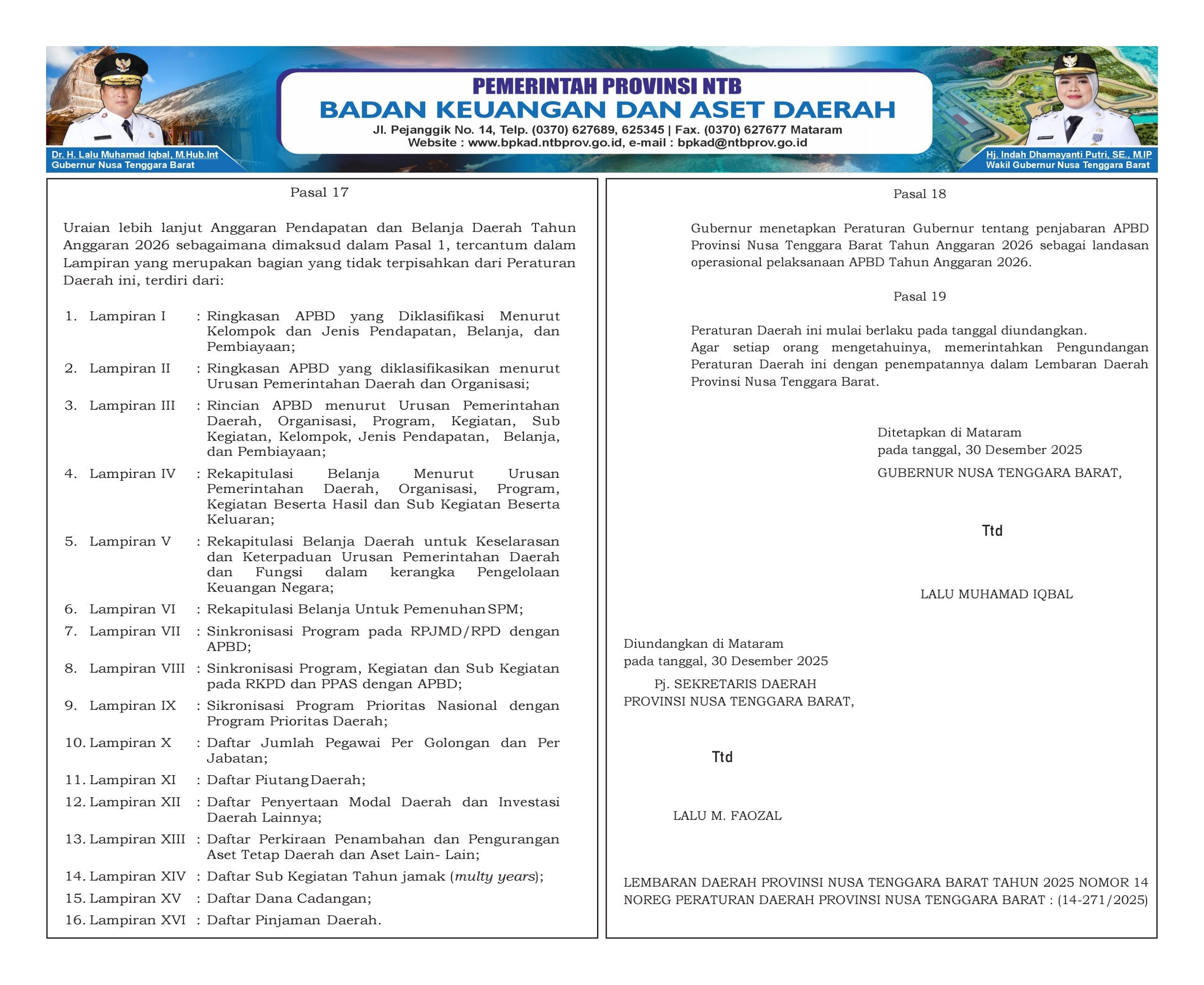 PERATURAN DAERAH PROV NTB NO. 15 TAHUN 2025 TENTANG ANGGARAN PENDAPATAN & BELANJA DAERAH TAHUN ANGGARAN 2026