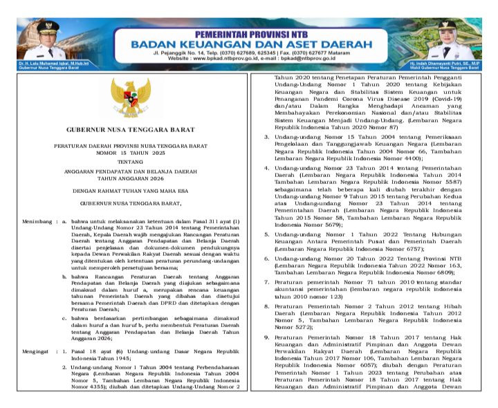PERATURAN DAERAH PROV NTB NO. 15 TAHUN 2025 TENTANG ANGGARAN PENDAPATAN & BELANJA DAERAH TAHUN ANGGARAN 2026