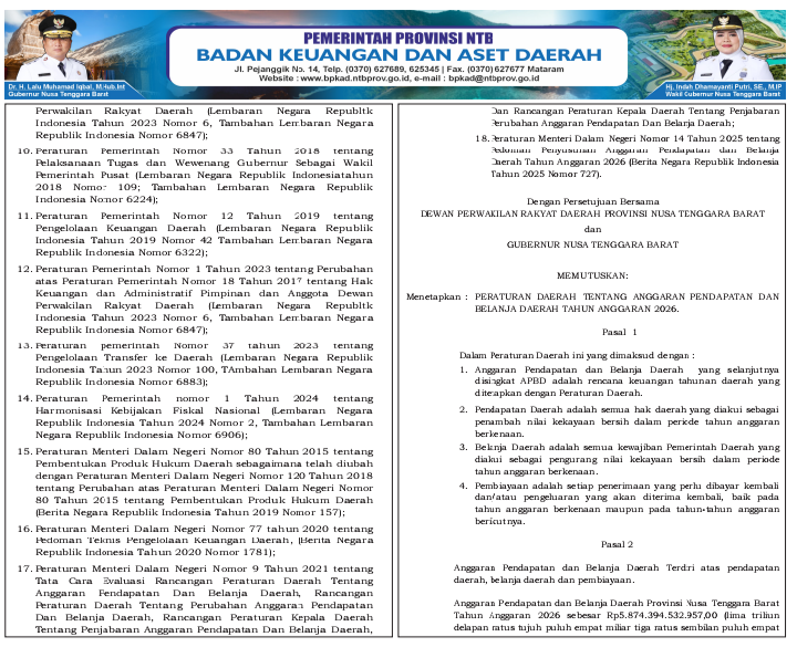 PERATURAN DAERAH PROV NTB NO. 15 TAHUN 2025 TENTANG ANGGARAN PENDAPATAN & BELANJA DAERAH TAHUN ANGGARAN 2026
