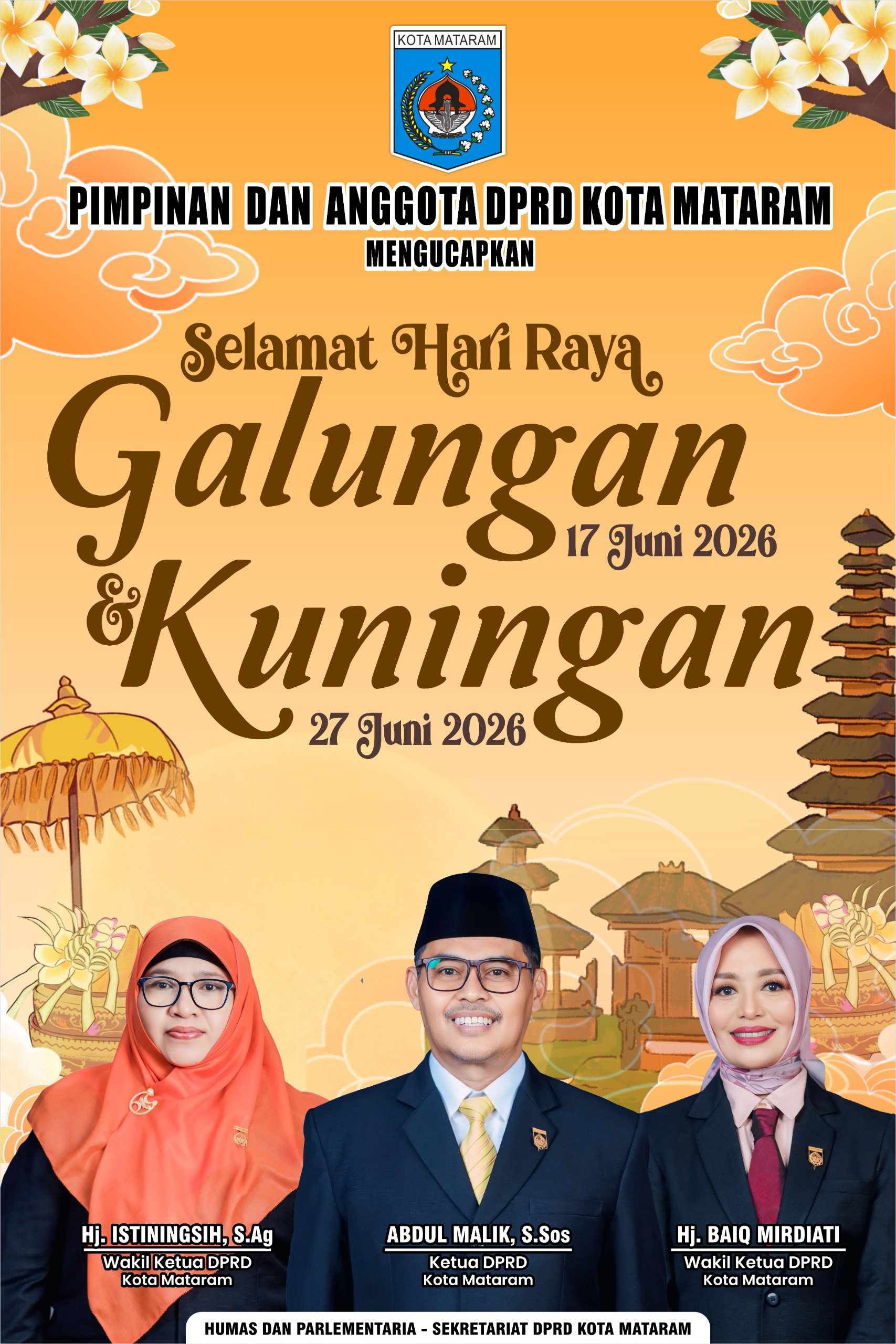 Pimpinan dan Anggota DPRD Kota Mataram Mengucapkan Selamat Hari Raya Galungan dan Kuningan 2026